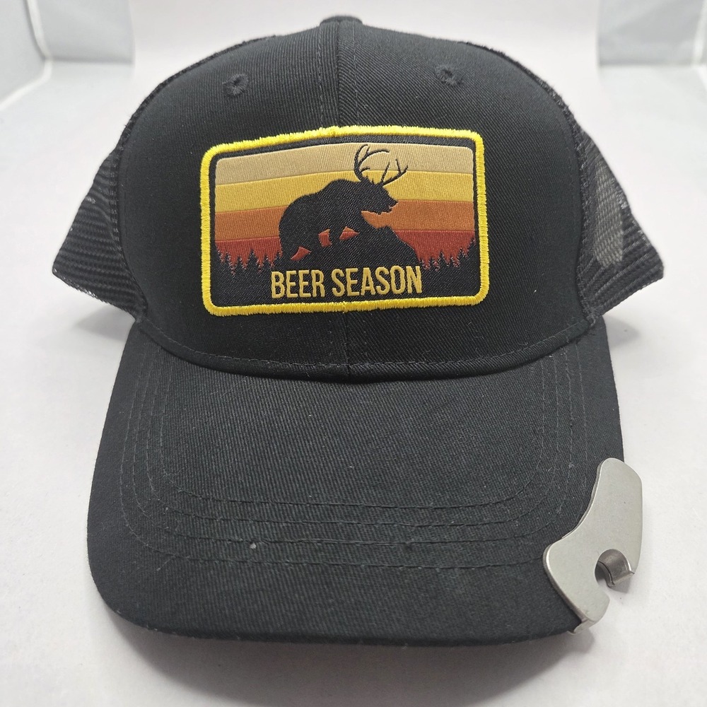Alpha Outpost Beer Season Trucker Hat Elk Patch Black Snapback Bottle Opener